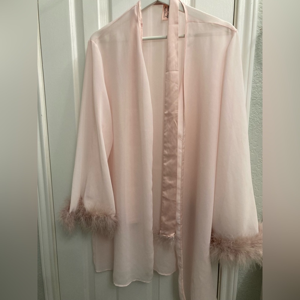 Bettie Page Lingerie Elegant Pink Sheer Robe with Ostrich Feather Trim